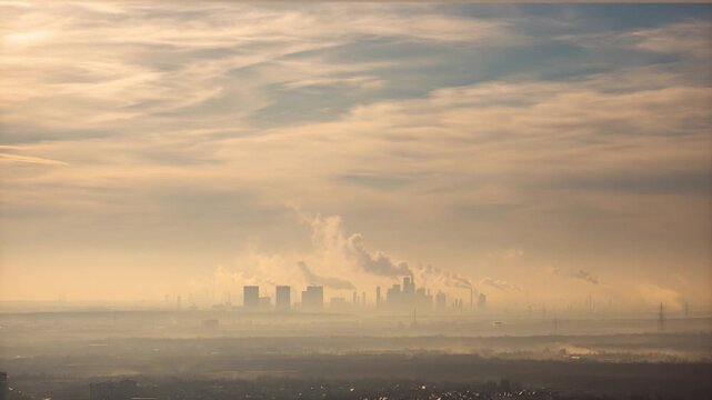 Cityscape in the Mist: A city skyline disappears into a hazy atmosphere, where industrial structures and buildings meld with the sky, under a dim setting.