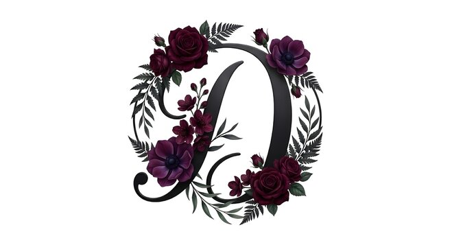 Luxury black metallic letter D monogram with dark burgundy roses and purple flowers. Elegant floral alphabet isolated on white background for wedding and brand design.