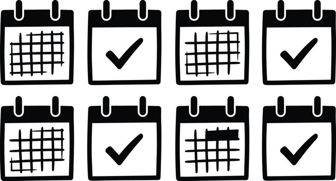 Iconos de calendario en blanco y negro con cuadr&iacute;culas y marcas de verificaci&oacute;n, representando fechas y tareas completadas.