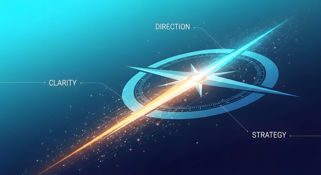Compass needle glows with golden light to symbolize professional clarity and strategic direction, representing the essential elements needed for successful business navigation in a competitive.