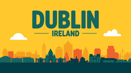 Naklejka premium Dublin Ireland city skyline with buildings and clouds on yellow background