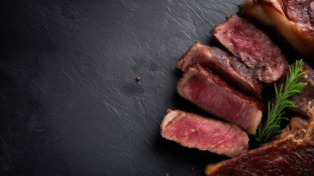 Variety of dry aged porterhouse and t-bone steaks sliced, menu recipe banner, top view
