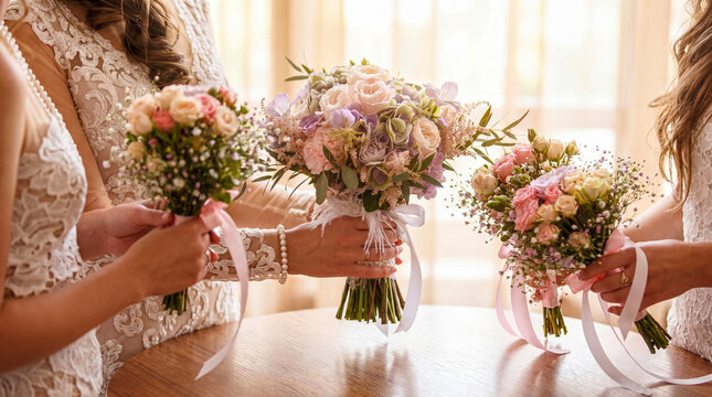 Bride and bridesmaids carefully preparing and holding their exquisite floral bouquets on a rustic wooden table.