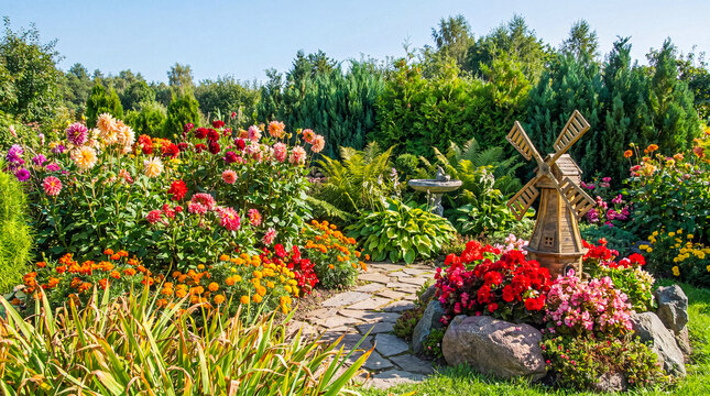 Vibrant and colorful garden scene with various blooming flowers, a charming stone path.