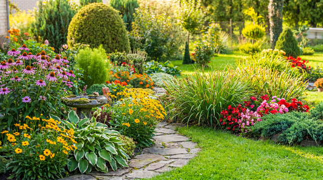 Beautiful vibrant garden with a winding stone path, diverse blooming flowers, lush green shrubs, and manicured lawn.