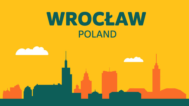 Wroclaw Poland city skyline with buildings and clouds on yellow background