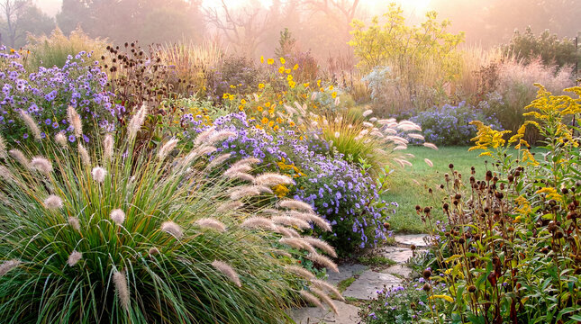 Golden hour light bathes a lush perennial garden, showcasing various ornamental grasses and purple aster flowers on.