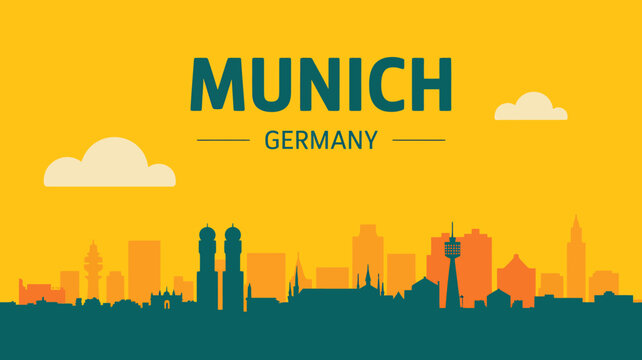 City skyline of Munich Germany with buildings and clouds on yellow background