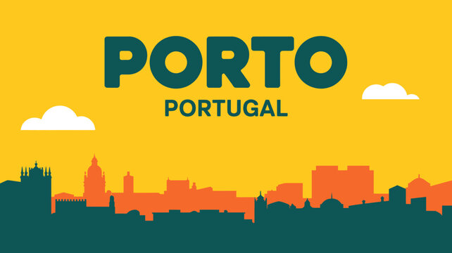 Colorful illustration of Porto Portugal city skyline with clouds and sunset