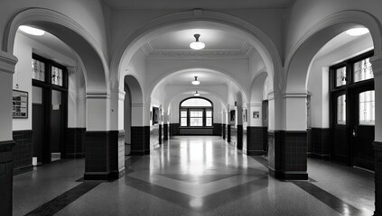Naklejka premium Grand arched hallway with repeating columns, elegant interior architecture, and soft lighting