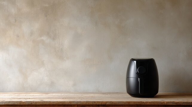 Black oil-free air fryer on wooden table in kitchen with cement wall, rustic modern interior style