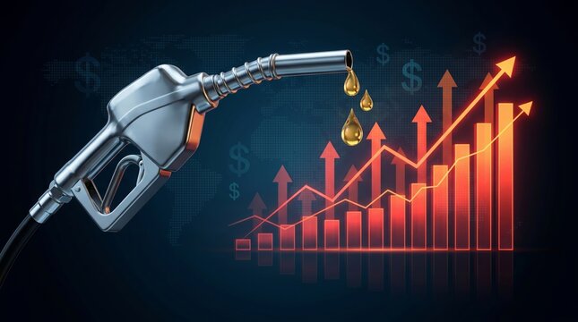Fuel pump nozzle with golden oil drops against a rising financial growth bar chart