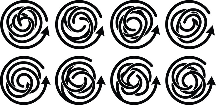 Ocho diagramas de v&oacute;rtices en espiral con flechas indicando la direcci&oacute;n de rotaci&oacute;n.