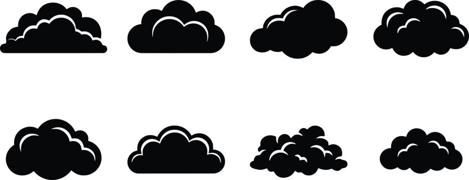Conjunto de iconos de nubes negras estilizadas en diversas formas sobre fondo blanco, representando humo o vapor.