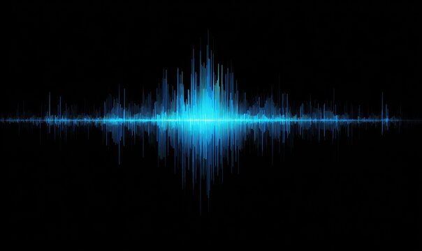 Pulsating blue sound wave graphic with peak in center against black background