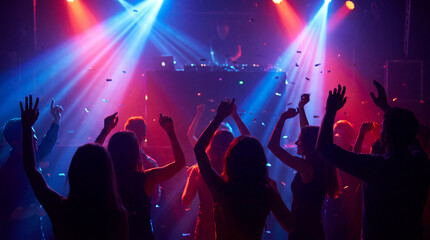 Obraz premium Silhouettes of energetic people dancing at a vibrant nightclub party with dazzling red and blue stage lights.