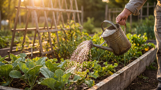 Person using a vintage metal watering can to water young leafy vegetables in a sunny garden.