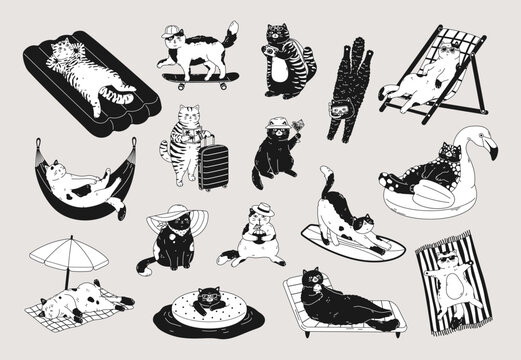 Funny set of cute cats on summer vacation. Different cat characters enjoying summer holidays. Hand drawn linear black and white graphic design for print, card, stickers, coloring book
