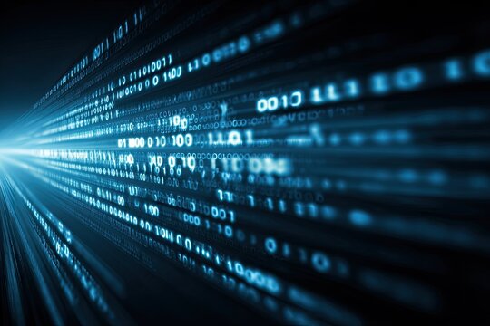 Abstract digital stream of binary code flows from a bright light source
