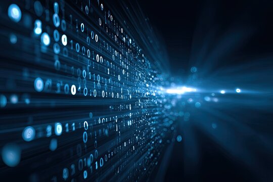 Digital stream of glowing binary code with light rays in dark
