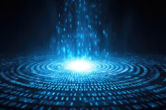 Digital flow of glowing blue binary code emanating from a bright central light source