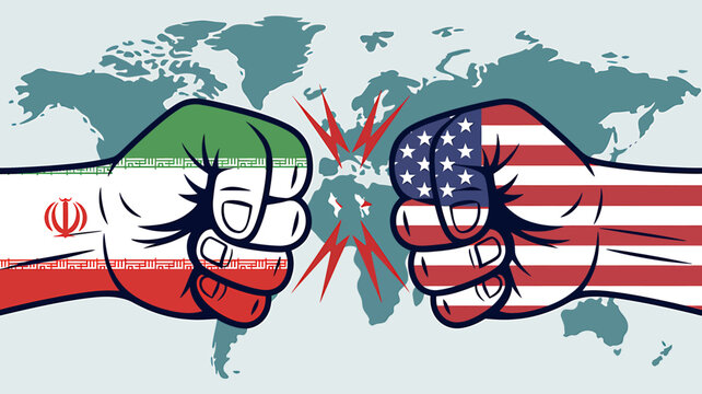 Fists of Iran and United States facing off on world map background