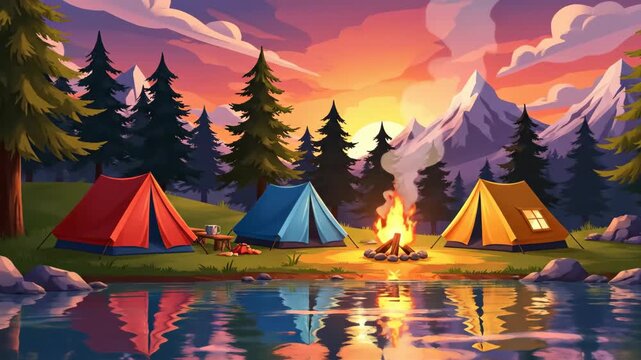 Colorful tents and campfire by lake with mountains at sunset