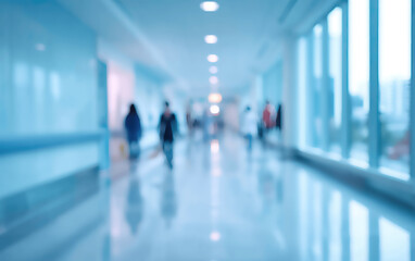 Fototapeta premium Blurred modern hospital corridor with people walking toward light
