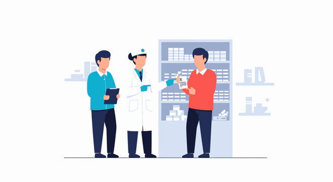 Pharmacist Advising Patients on Medication in Pharmacy