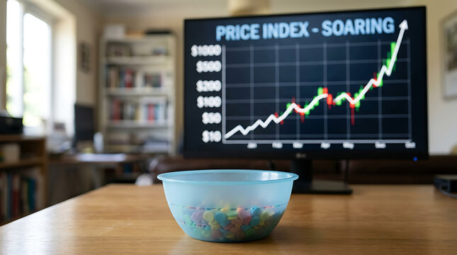 A bowl of cereal sits on a table in front of a monitor displaying a soaring price index graph in a home office.
