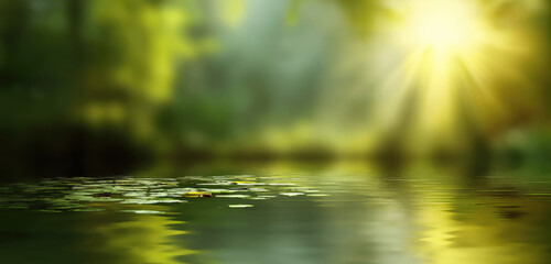 Soft focus forest pond bathed in ethereal sunbeams, lily pads float on serene water