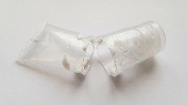 Cut open cosmetic tube with leftover cream on white background