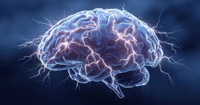 Human brain digital illustration. Electrical activity, flashes and lightning on a blue background