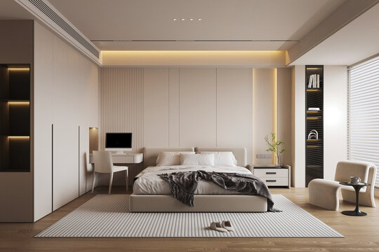 The modern mock up design of bedroom interior have bed and side table with wooden and white pattern wall background. 3d render