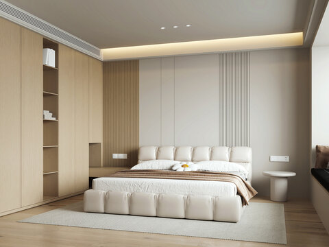 The modern mock up design of bedroom interior have bed and side table with wooden and white pattern wall background. 3d render