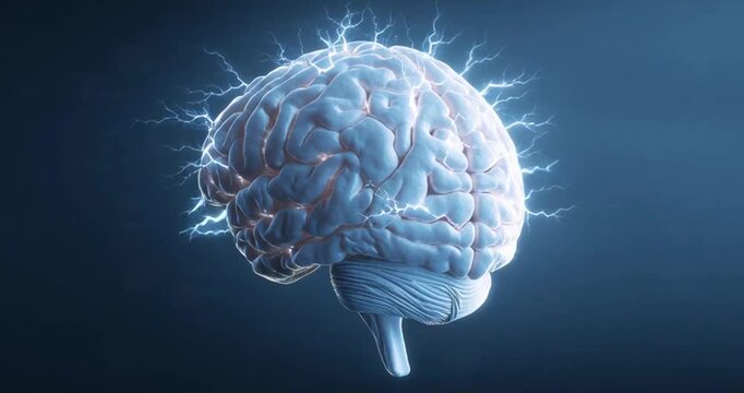Human brain digital illustration. Electrical activity, flashes and lightning on a blue background