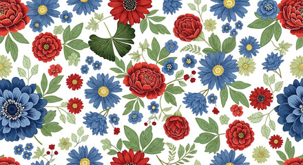 Colorful Floral Pattern with Red Roses, Blue Flowers on White Background © ishfaquehussain