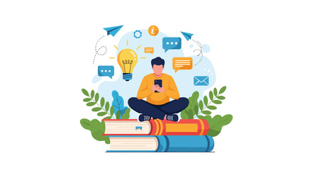 Fototapeta premium Creative professional sitting cross-legged on a stack of books using a smartphone with floating icons of ideas and mail.