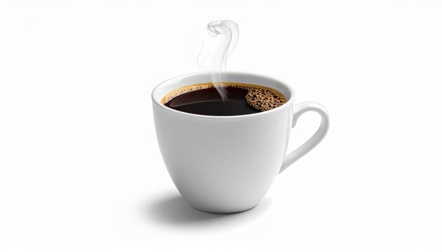 Hot coffee cup with steam, isolated on pure white background, soft shadow, high detail