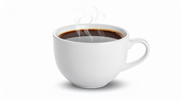 Hot coffee cup with steam, isolated on pure white background, soft shadow, high detail