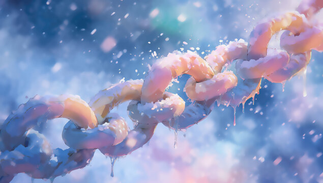 Thick, snow-covered metal chain links glisten in soft, colorful light