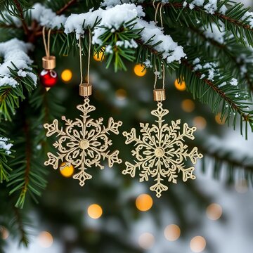 Ornate snowflake ornaments dangle from pine branches, dusted with faux snow,  hanging,  xmas