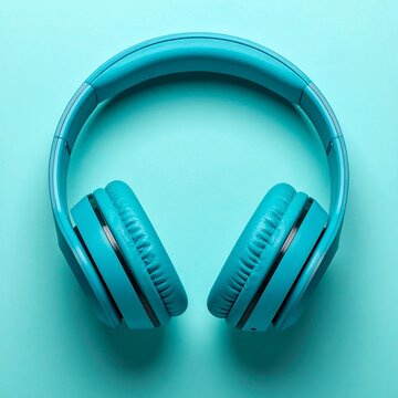 Overhead shot of vibrant turquoise headphones on matching colored surface