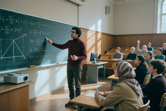 Young adult male teacher explaining math formulas on blackboard while diverse university students listening and raising hands. Ideal for education, STEM learning, classroom training