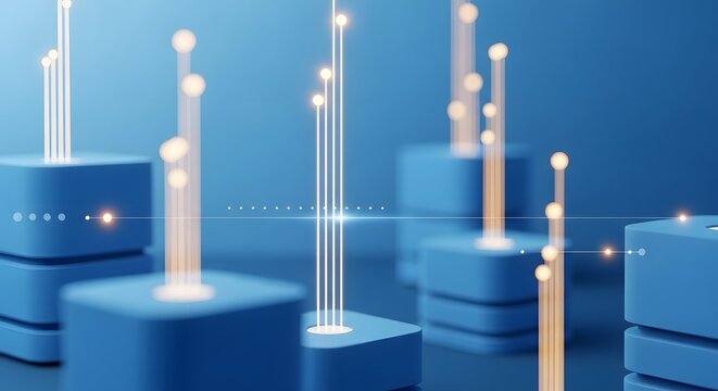 Data blocks visualize high-speed network connectivity and information streaming through a futuristic digital landscape, representing the core infrastructure of modern cloud computing and global.