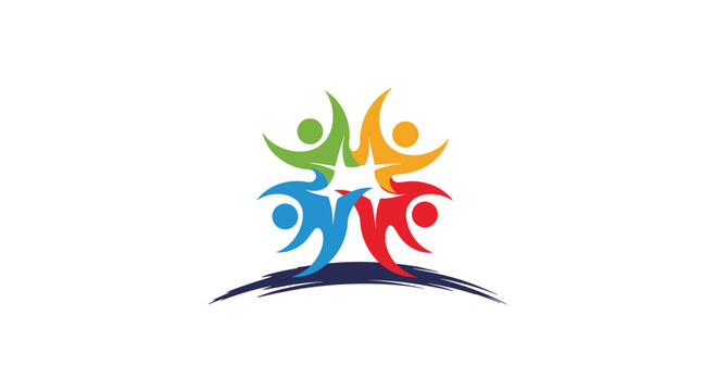 Modern logo design for social or community organizations featuring four colorful interlocking figures above a dark blue curve.