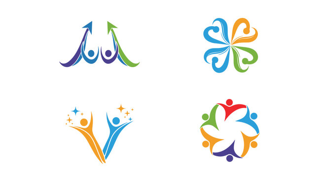 Collection of four creative abstract logos with human figures symbolizing community growth success and efficient teamwork for businesses.