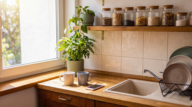 Bright, modern kitchen interior with wooden countertop, coffee mugs, and houseplants in warm sunlight.