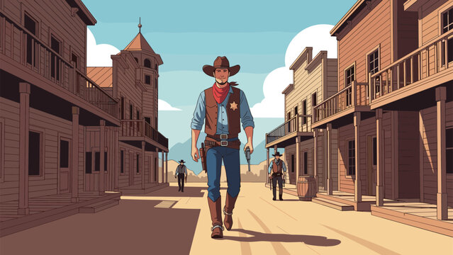 Lawman sheriff walks confidently down the main street of a historic western town with wooden buildings and mountains.