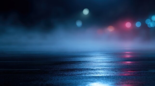wet asphalt reflecting neon lights with smoke and searchlight in dark empty street, cinematic night city background